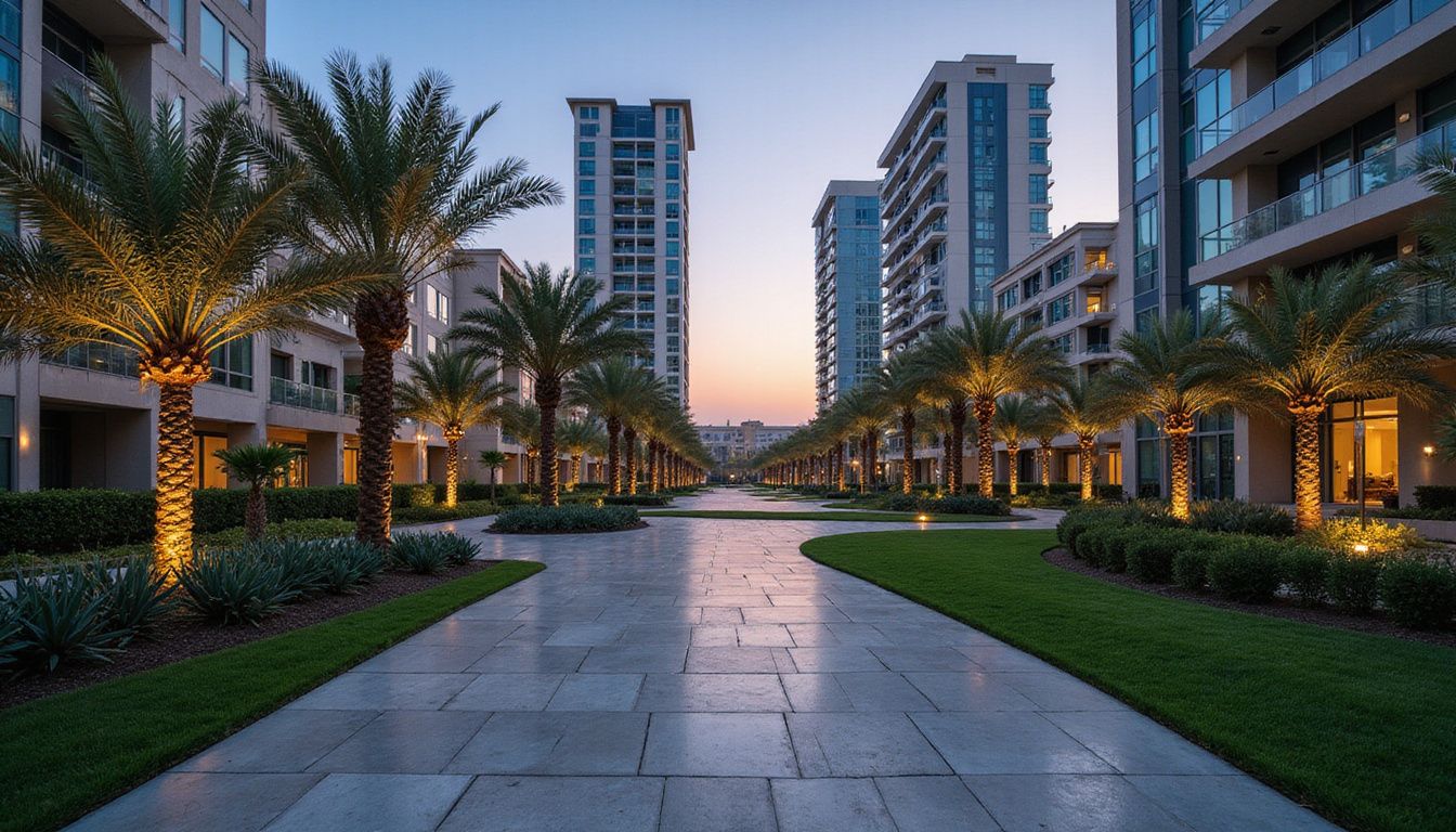 A luxurious Dubai property complex amid serene, meticulously landscaped surroundings. A luxurious Dubai property complex amid serene, meticulously landscaped surroundings.