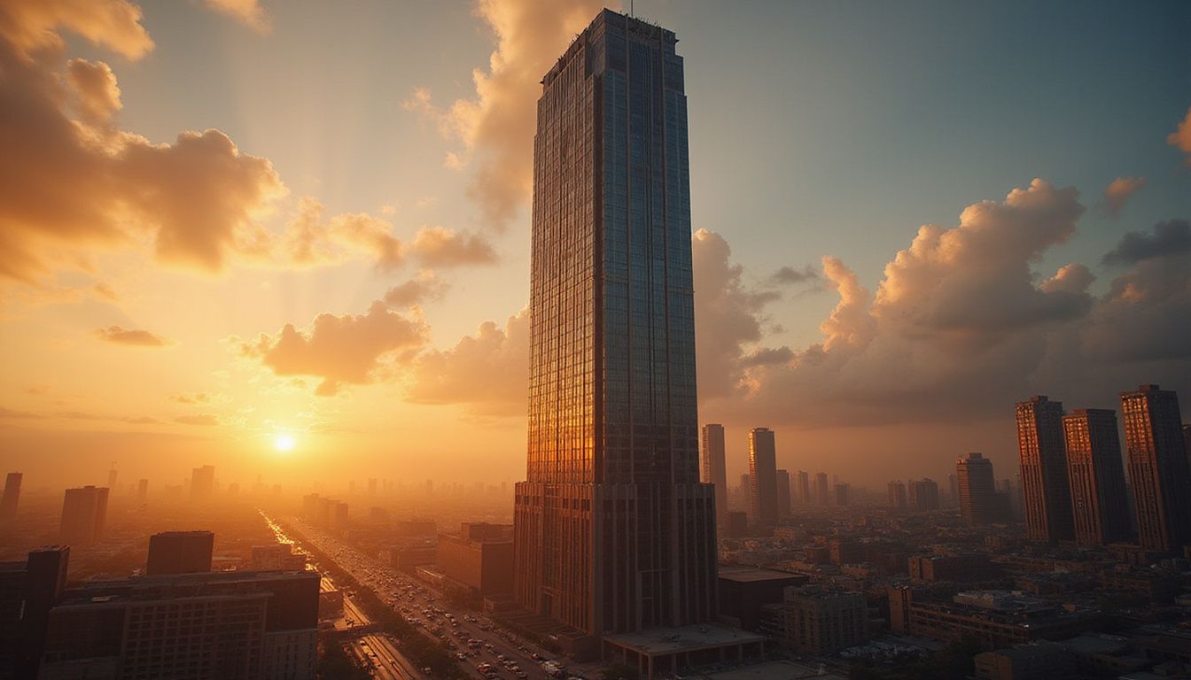 A towering skyscraper looms over an empty, vibrant Downtown Dubai. A towering skyscraper looms over an empty, vibrant Downtown Dubai.