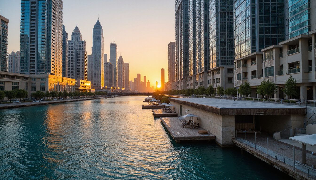 A stunning aerial view of Dubai's skyline at sunset. A stunning aerial view of Dubai's skyline at sunset.