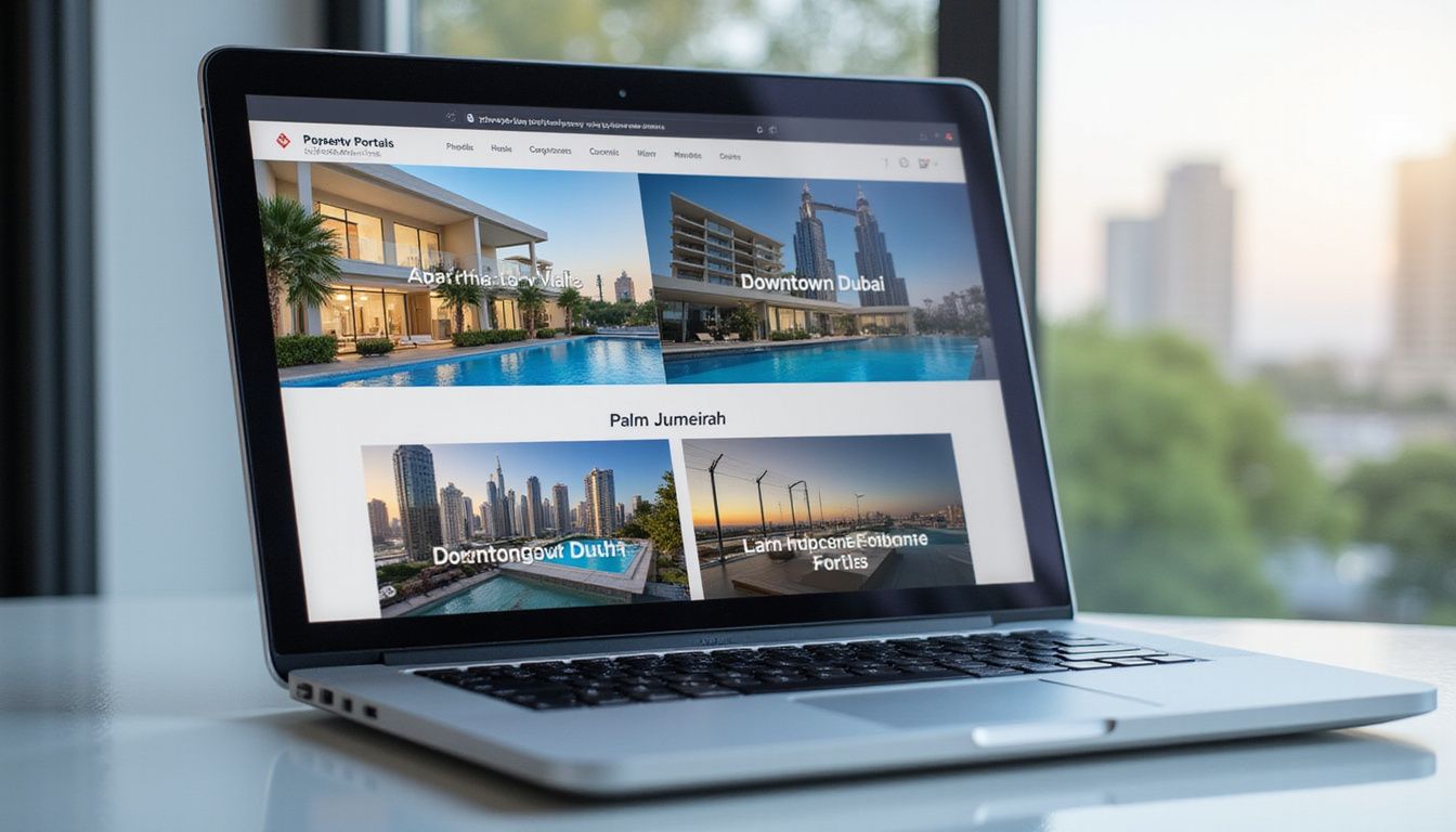 A laptop displays property listings for luxury real estate in Dubai. A laptop displays property listings for luxury real estate in Dubai.