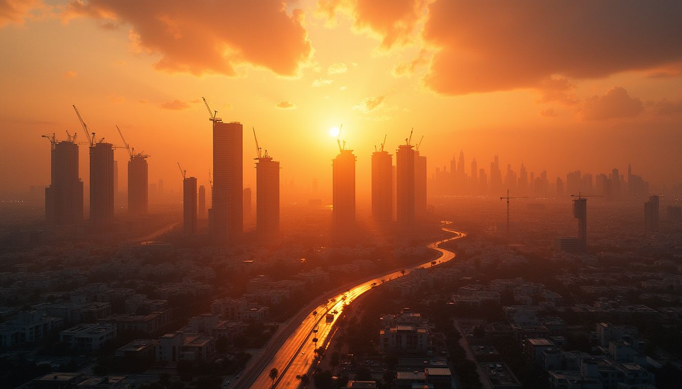 Aerial view of Dubai's expanding suburb showcasing development and luxury. Aerial view of Dubai's expanding suburb showcasing development and luxury.