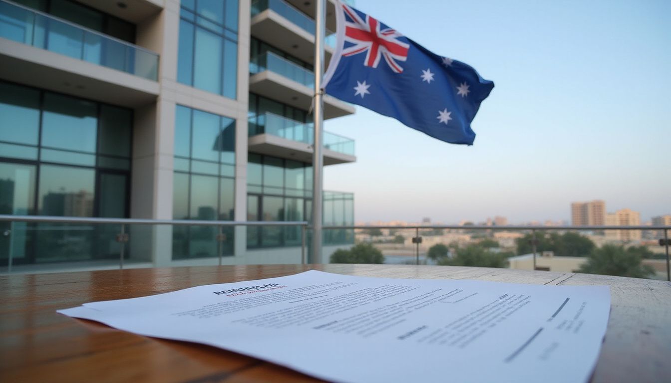 Australian flag flying beside a modern Dubai apartment building. Australian flag flying beside a modern Dubai apartment building.