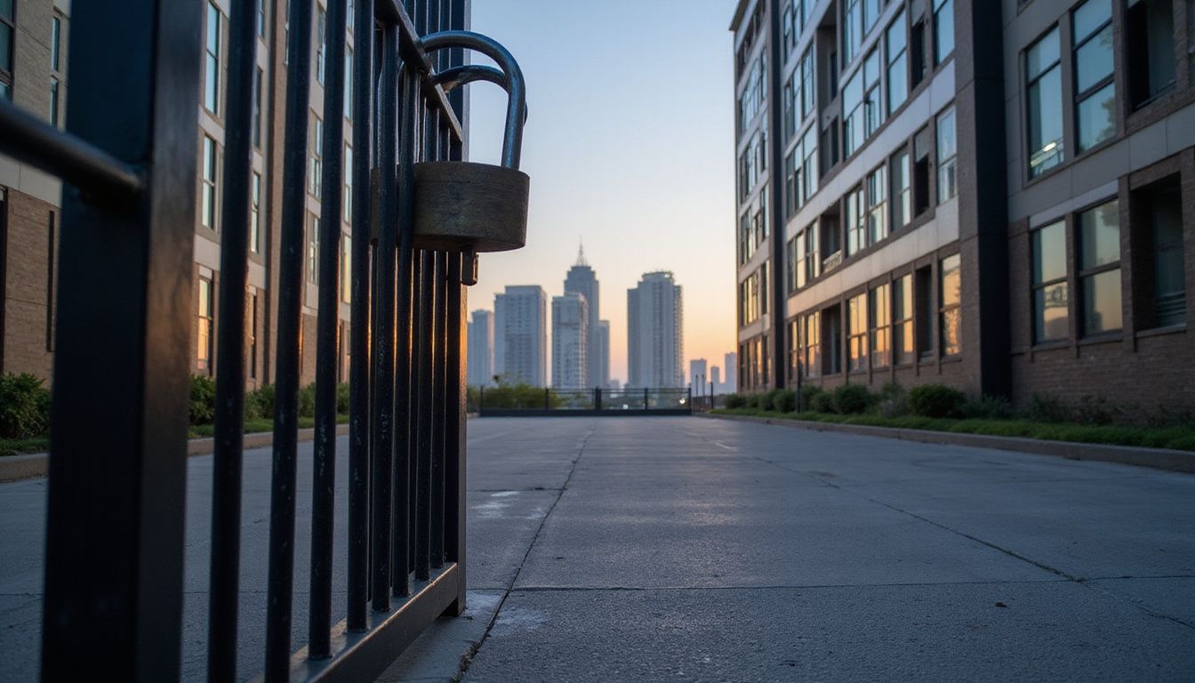 A secure metal gate leads to a modern Dubai apartment complex. A secure metal gate leads to a modern Dubai apartment complex.