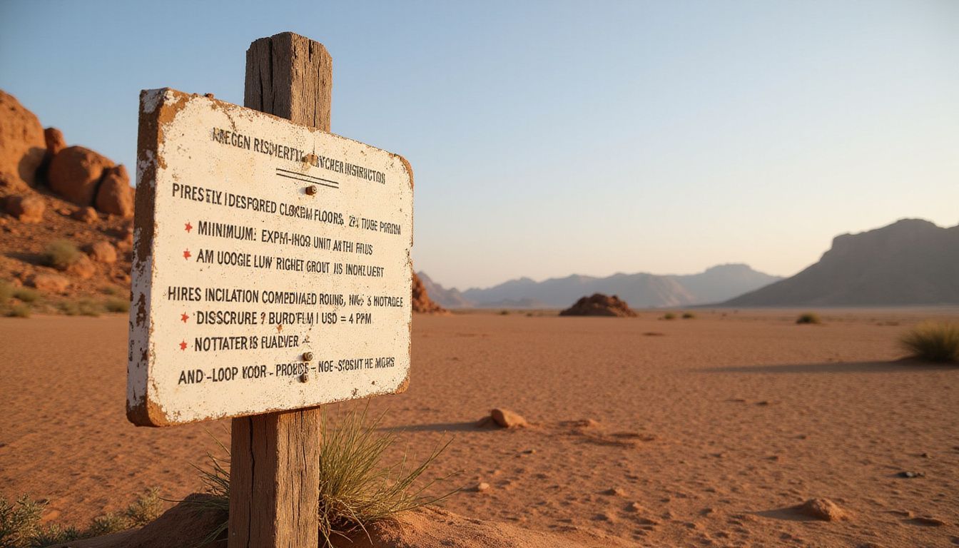 A weathered signpost marks regulations in a vast, isolated desert landscape. A weathered signpost marks regulations in a vast, isolated desert landscape.