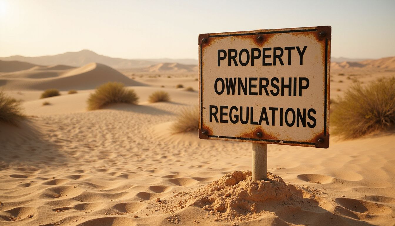 A weathered sign marks property regulations in a sunlit desert landscape. A weathered sign marks property regulations in a sunlit desert landscape.