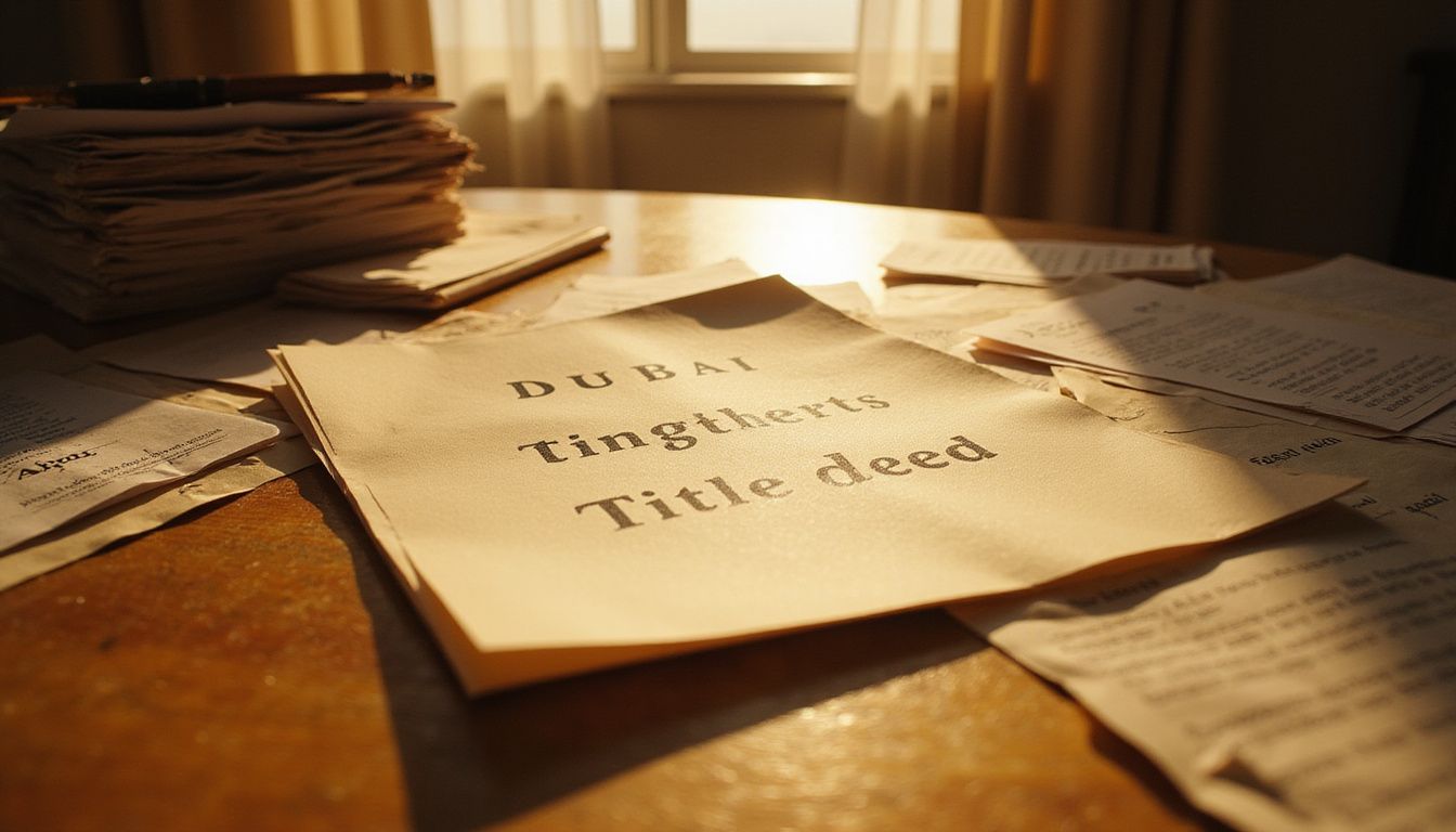 A close-up of a Dubai property title deed amidst legal documents. A close-up of a Dubai property title deed amidst legal documents.