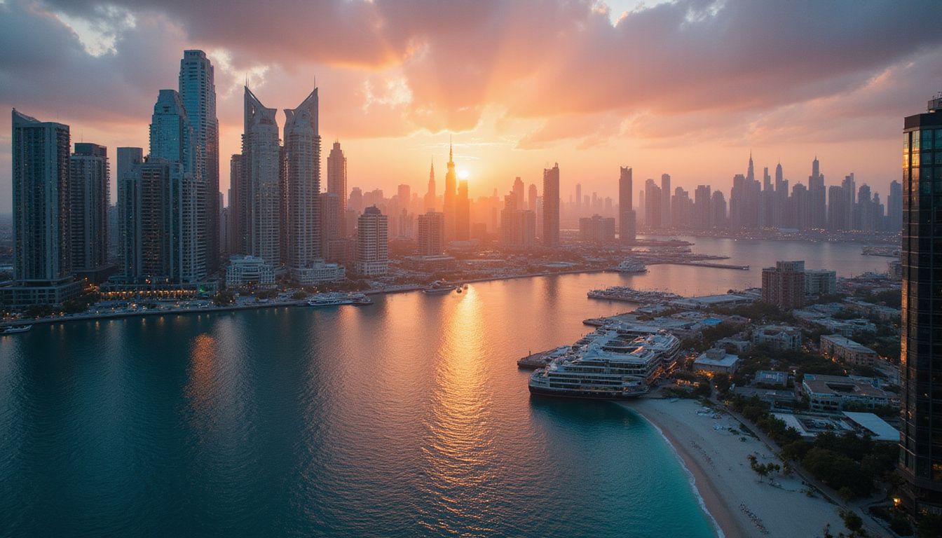 Aerial view of Dubai Marina showcasing modern skyscrapers and tranquil waters. Aerial view of Dubai Marina showcasing modern skyscrapers and tranquil waters.