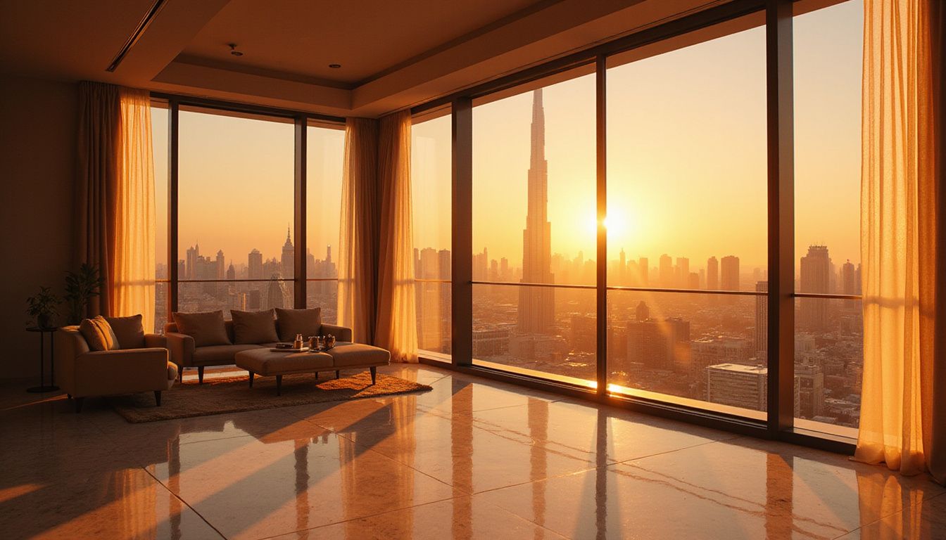 Luxurious penthouse offers stunning views of Dubai's skyline and Burj Khalifa. Luxurious penthouse offers stunning views of Dubai's skyline and Burj Khalifa.