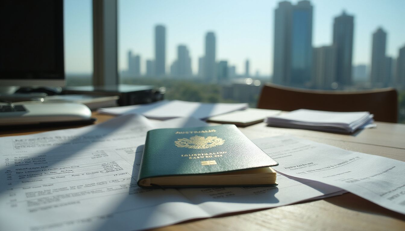 An Australian passport rests on a cluttered wooden desk with financial documents. An Australian passport rests on a cluttered wooden desk with financial documents.