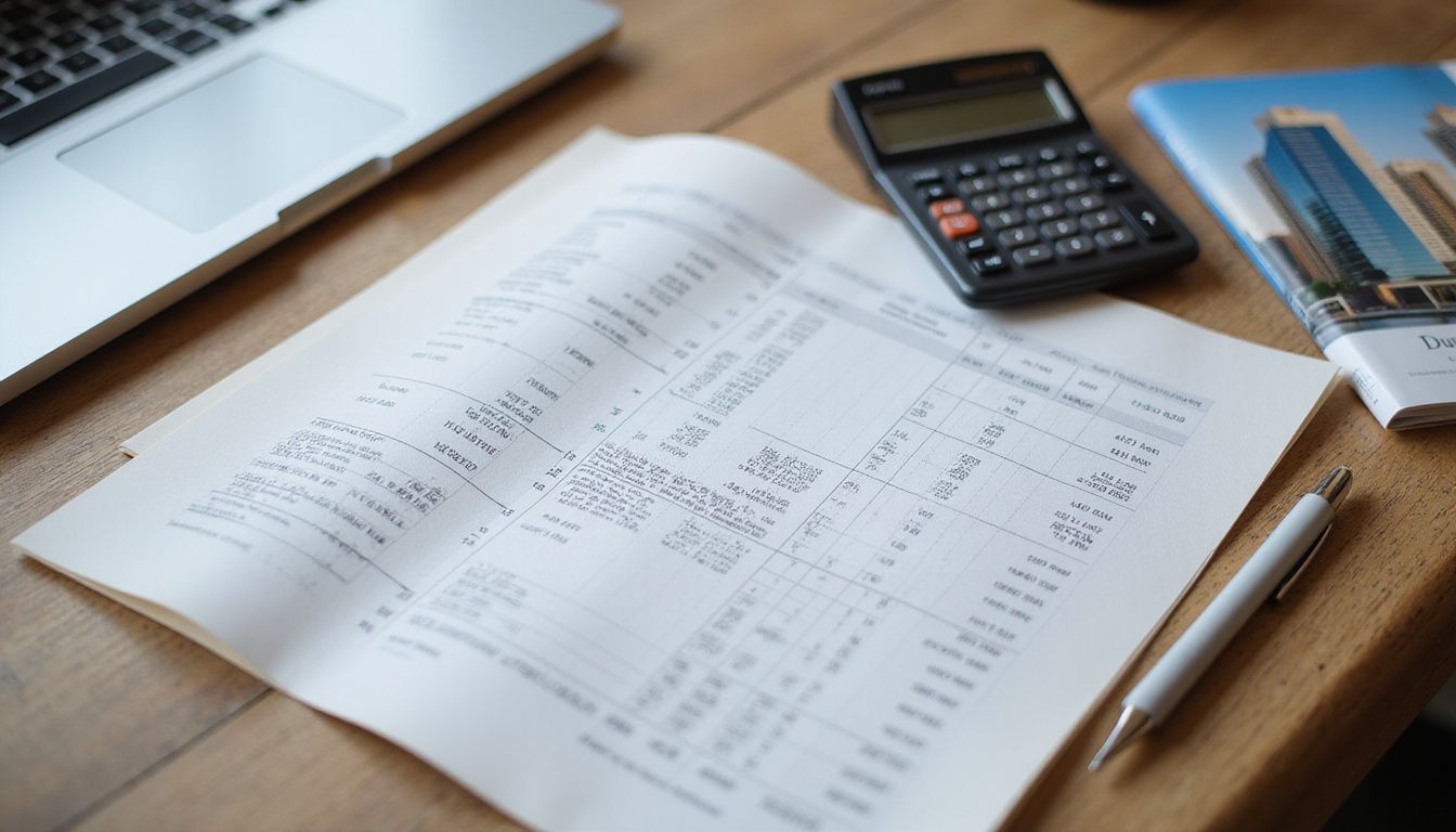 A financial report and property brochures arranged on a modern desk. A financial report and property brochures arranged on a modern desk.