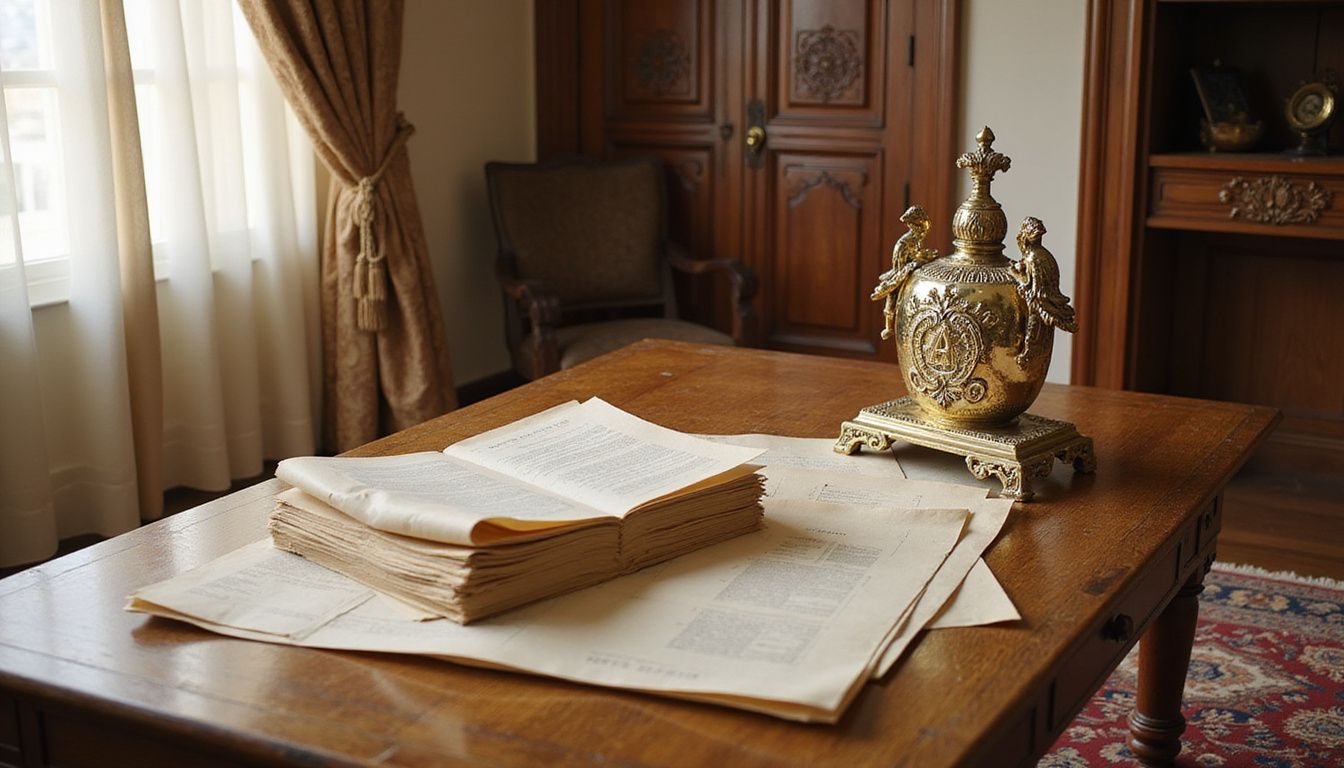 An intricately carved brass family crest on an antique oak table. An intricately carved brass family crest on an antique oak table.