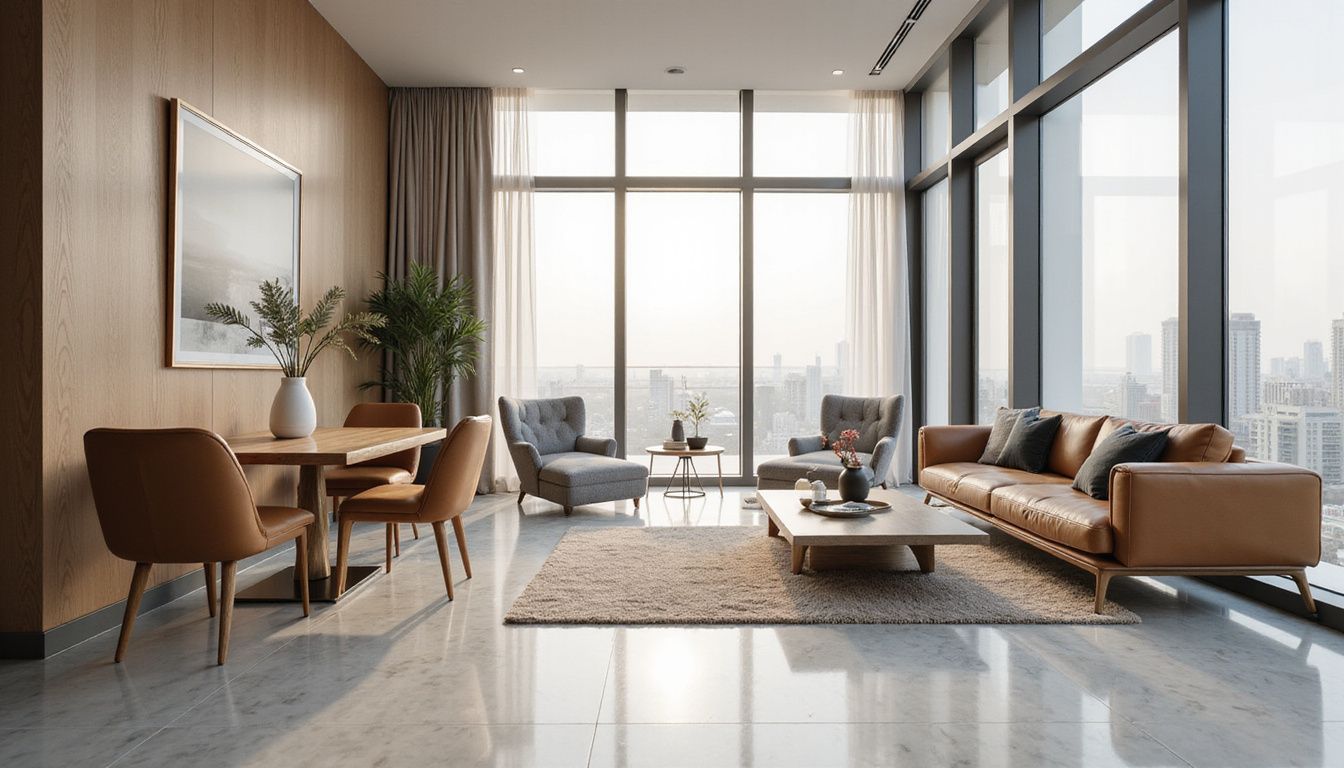 Spacious, modern Dubai apartment featuring elegant, minimalist design and warm textures. Spacious, modern Dubai apartment featuring elegant, minimalist design and warm textures.