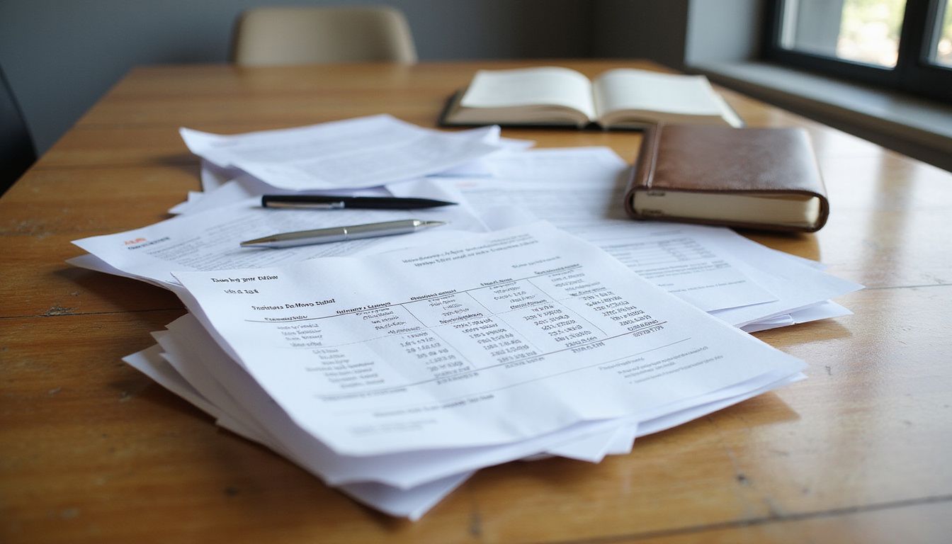 Cluttered office desk with financial documents for Dubai real estate investment. Cluttered office desk with financial documents for Dubai real estate investment.