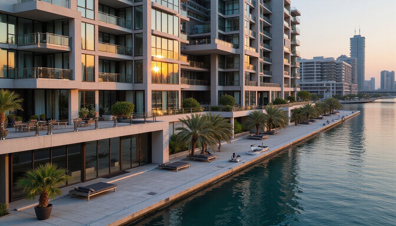 Aerial view of upscale residential buildings in Dubai Marina at dusk. Aerial view of upscale residential buildings in Dubai Marina at dusk.