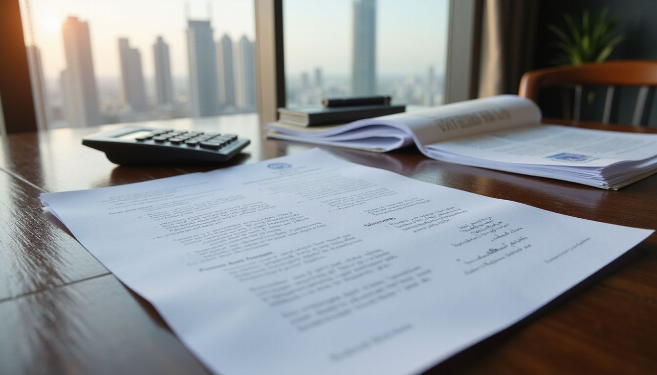 Close-up of a Dubai property contract on a polished table. Close-up of a Dubai property contract on a polished table.