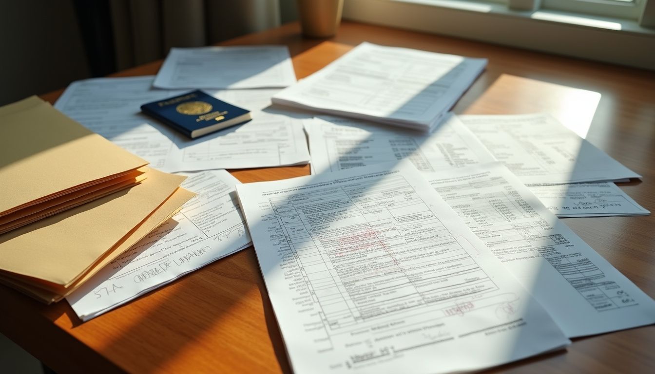 Cluttered office desk filled with official documents and folders. Cluttered office desk filled with official documents and folders.