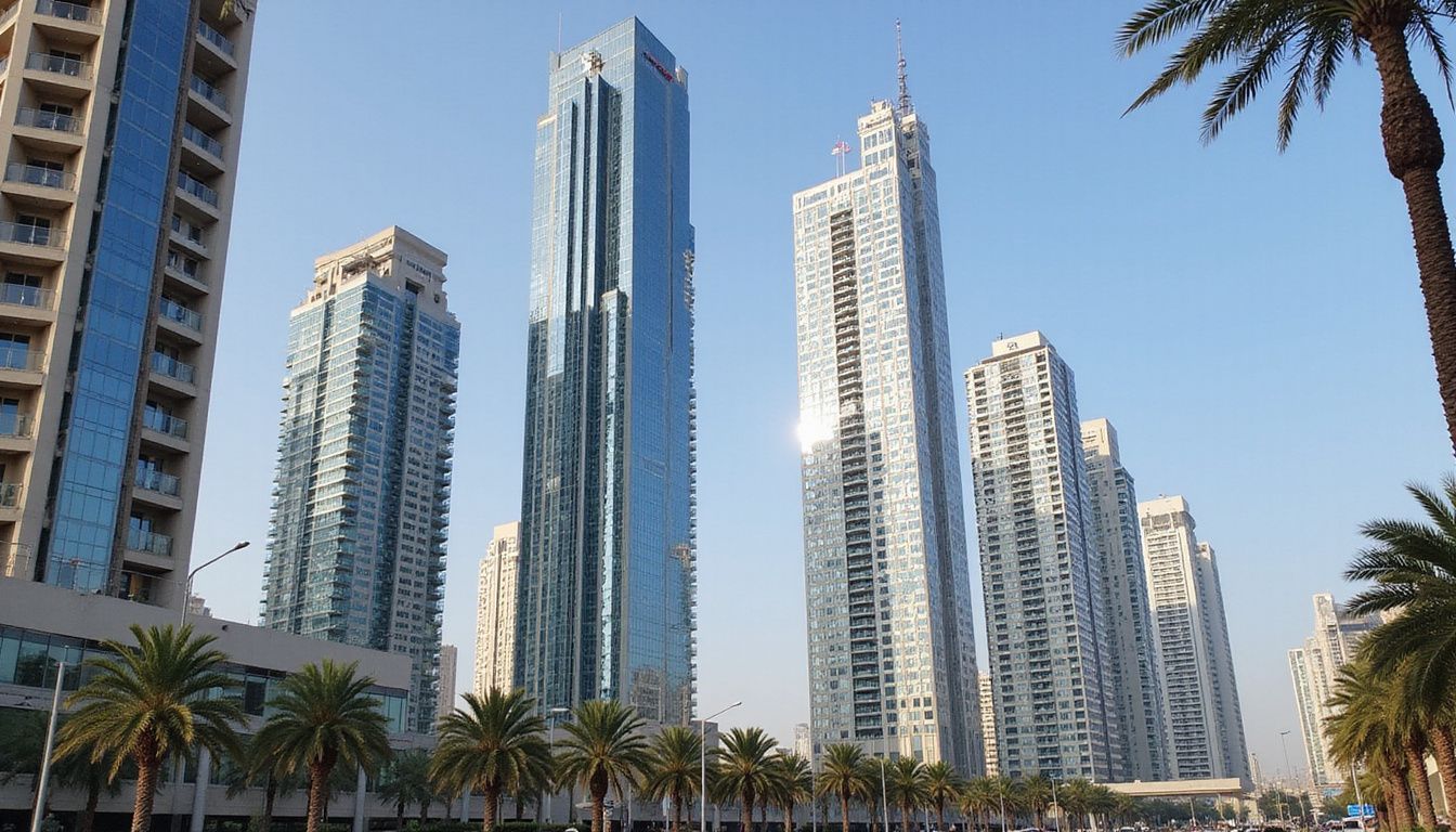 Modern Dubai skyline showcasing sleek skyscrapers and landscaped greenery. Modern Dubai skyline showcasing sleek skyscrapers and landscaped greenery.