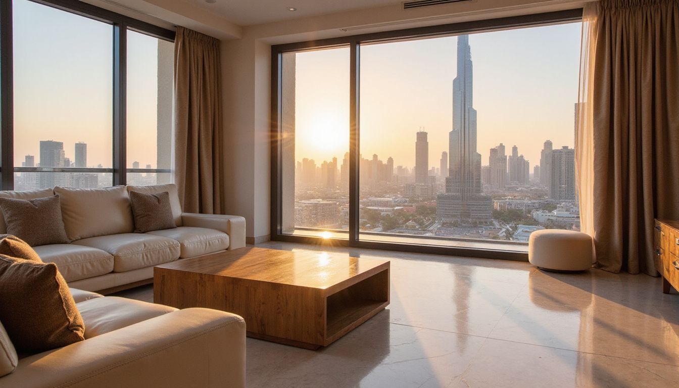 A luxurious high-rise apartment showcases a stunning Dubai skyline view. A luxurious high-rise apartment showcases a stunning Dubai skyline view.