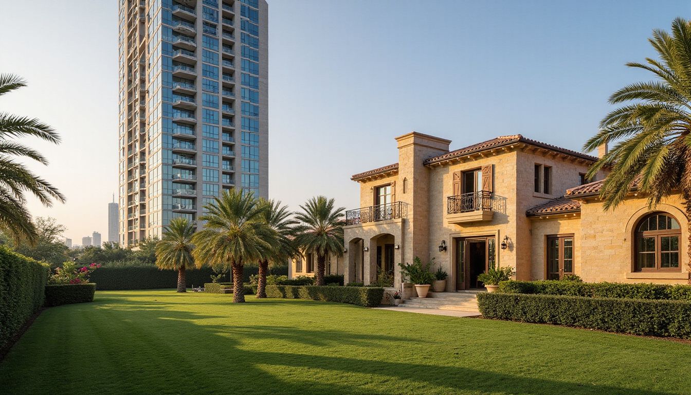 A modern high-rise building contrasts with a luxury villa and gardens. A modern high-rise building contrasts with a luxury villa and gardens.