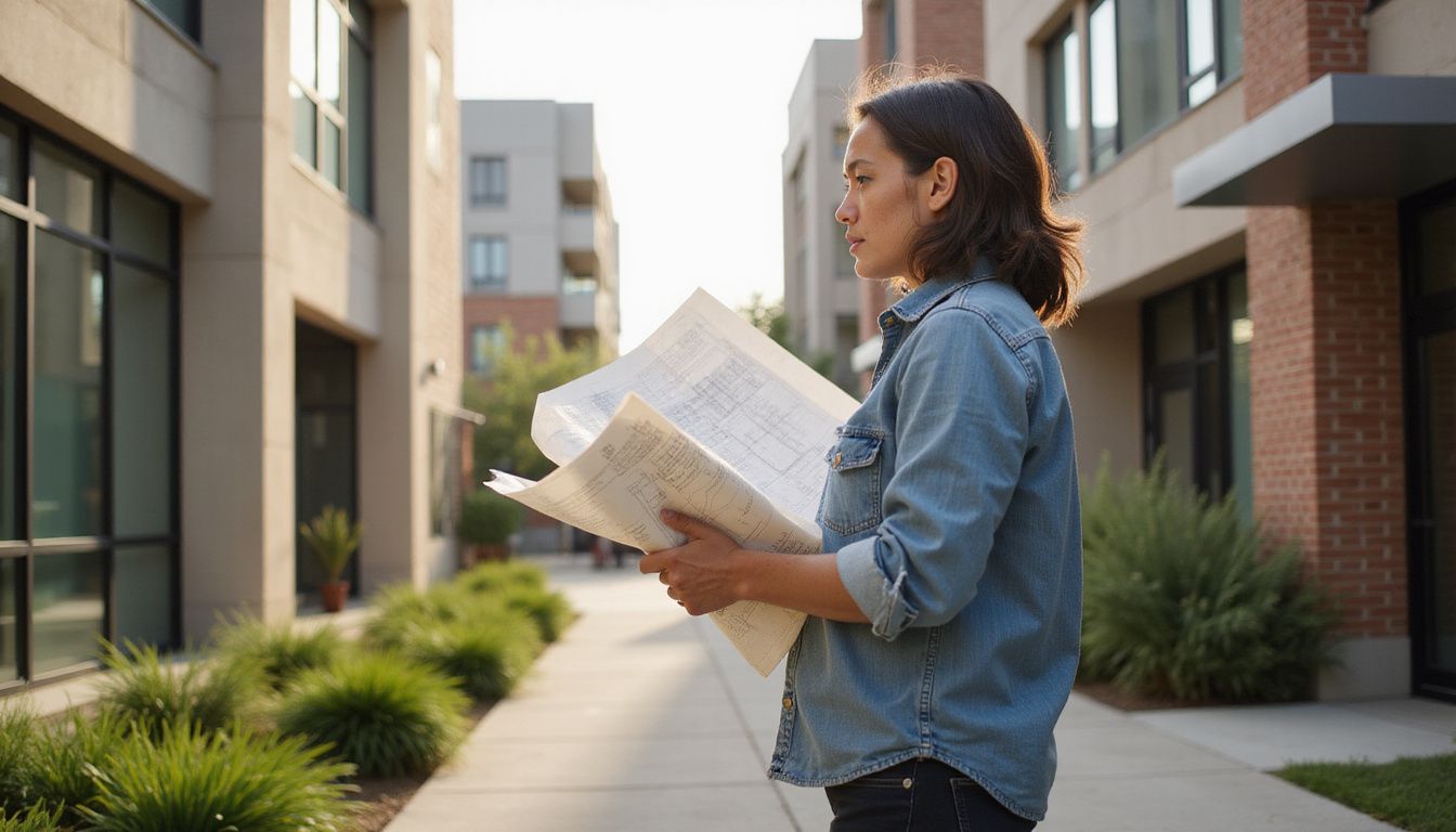 A person studies blueprints in an urban environment, appearing thoughtful and engaged. A person studies blueprints in an urban environment, appearing thoughtful and engaged.