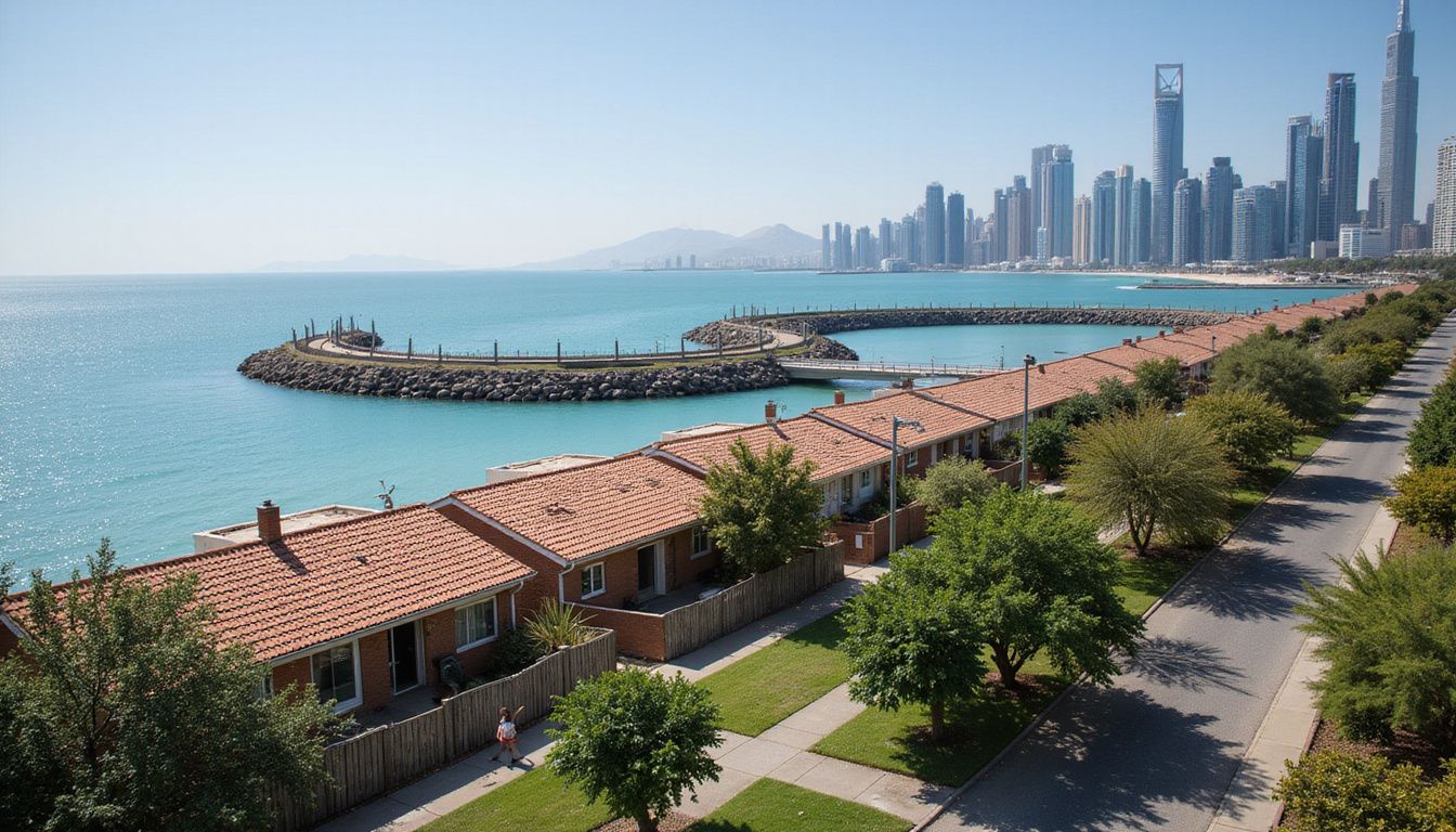 Aerial view of Dubai's skyline beside a tranquil residential neighbourhood. Aerial view of Dubai's skyline beside a tranquil residential neighbourhood.