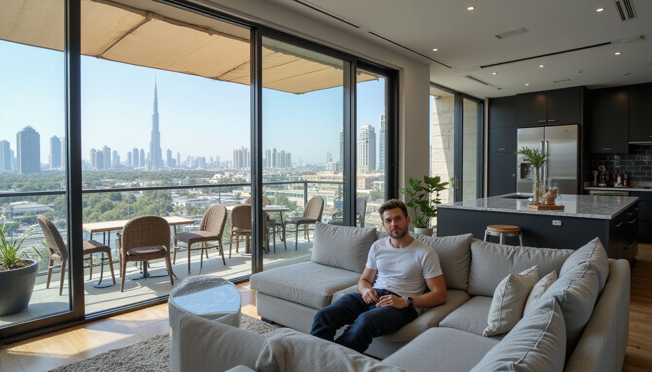 A modern Dubai apartment features stylish interiors and a bustling street view. A modern Dubai apartment features stylish interiors and a bustling street view.