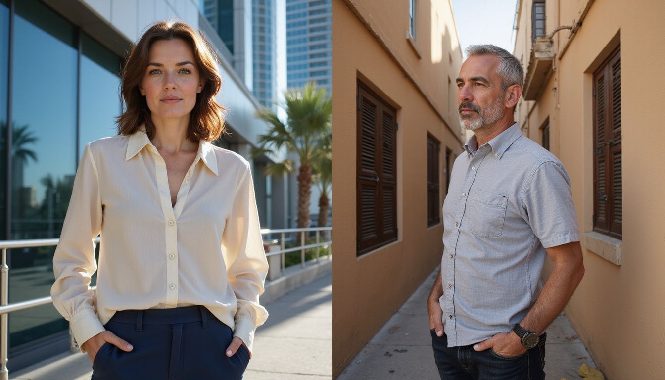 A woman admires modern architecture while a man assesses traditional property. A woman admires modern architecture while a man assesses traditional property.