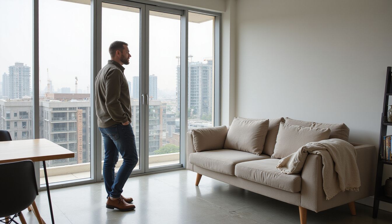 A modern studio apartment showcases minimalist design and urban views. A modern studio apartment showcases minimalist design and urban views.
