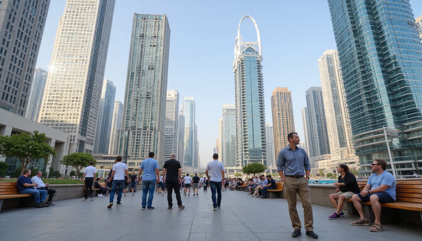 Bustling Downtown Dubai skyline with diverse people enjoying urban life. Bustling Downtown Dubai skyline with diverse people enjoying urban life.