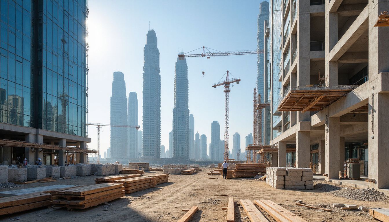 Futuristic Dubai skyline featuring mid-construction luxury residential towers and cranes. Futuristic Dubai skyline featuring mid-construction luxury residential towers and cranes.