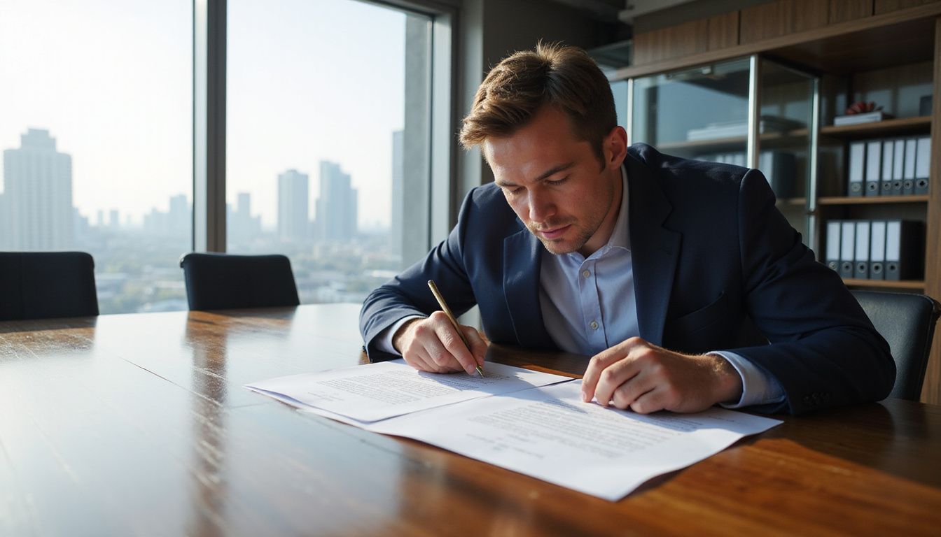 A professional reviewing legal documents at a sleek Dubai office. A professional reviewing legal documents at a sleek Dubai office.