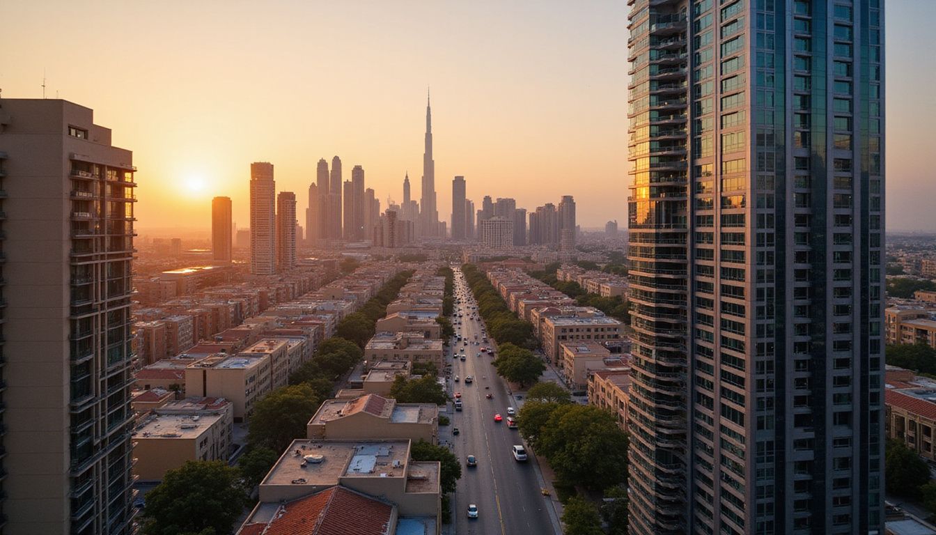 Aerial view of Dubai's skyline showcasing skyscrapers and bustling streets. Aerial view of Dubai's skyline showcasing skyscrapers and bustling streets.