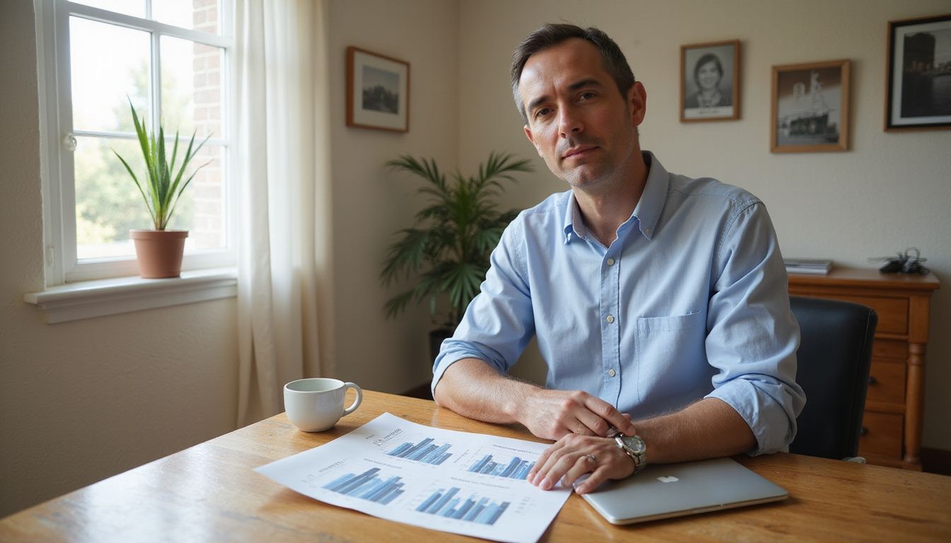 An investor reviews property investment options in a home office. An investor reviews property investment options in a home office.
