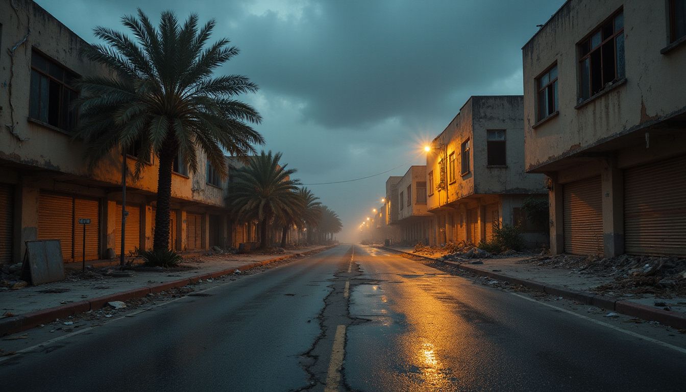 Deserted Dubai street showcases urban desolation amidst a stormy night. Deserted Dubai street showcases urban desolation amidst a stormy night.