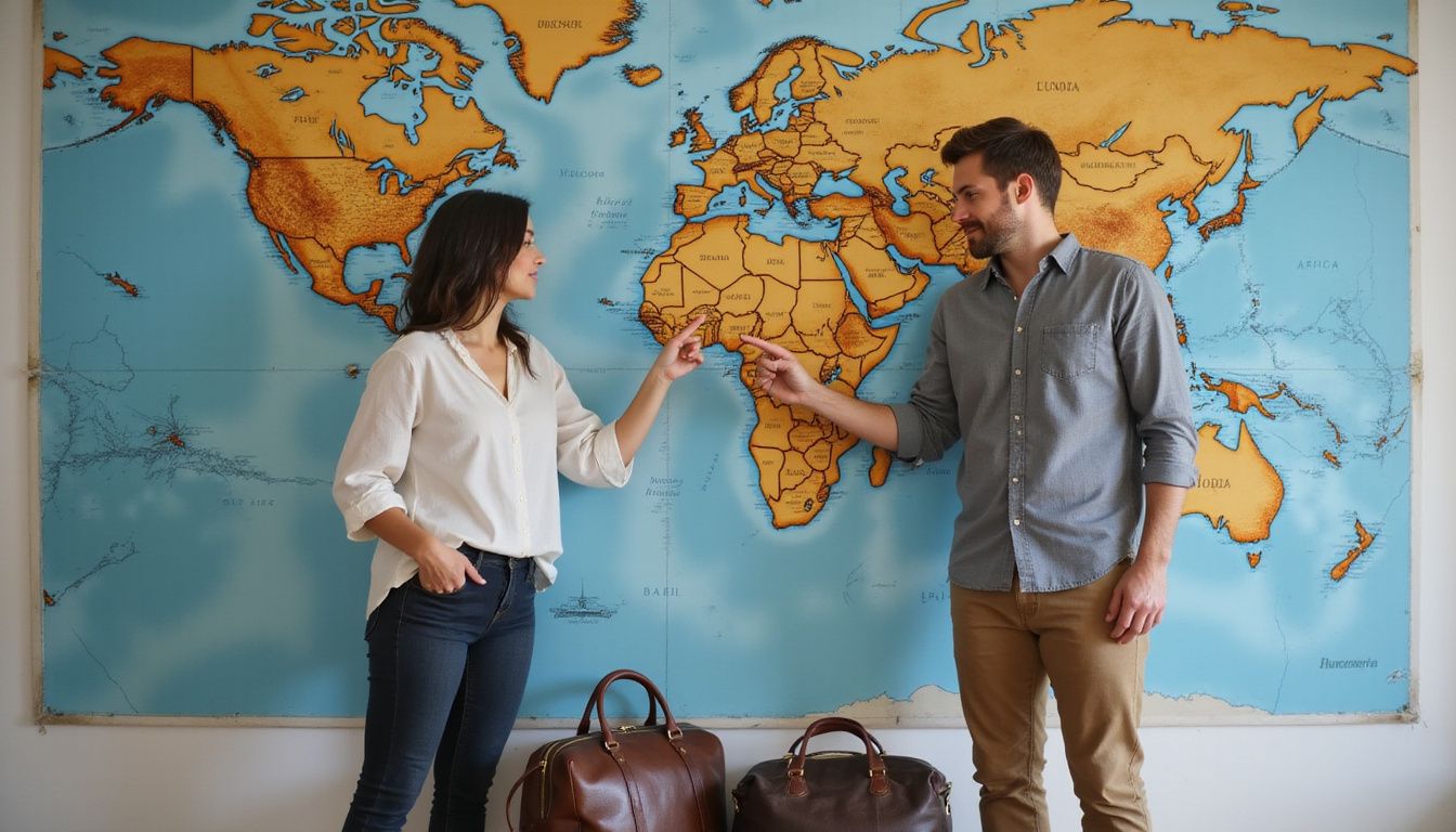 A couple discusses international property investment while examining a world map. A couple discusses international property investment while examining a world map.