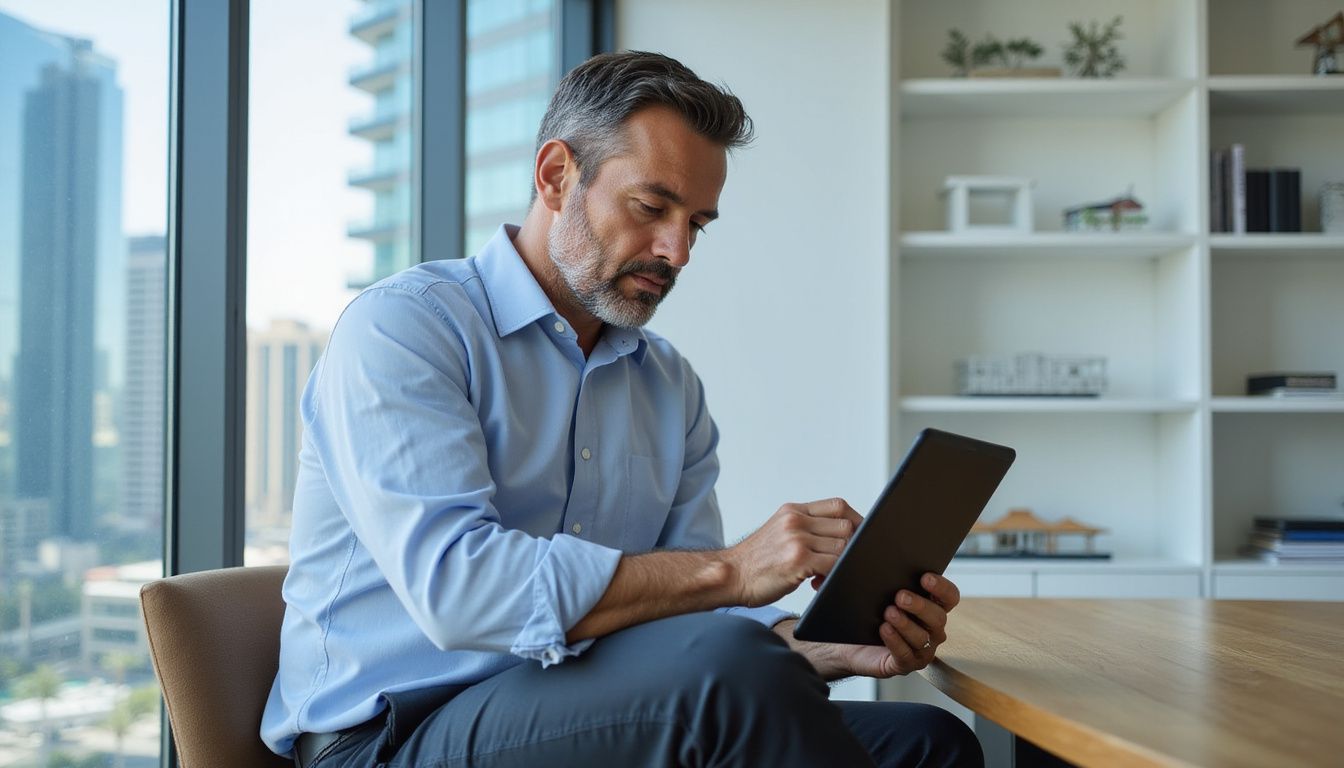 Middle-aged man analysing rental income in a modern real estate office. Middle-aged man analysing rental income in a modern real estate office.