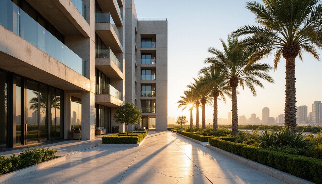 A modern Dubai apartment complex showcases sleek architecture and landscaped greenery. A modern Dubai apartment complex showcases sleek architecture and landscaped greenery.