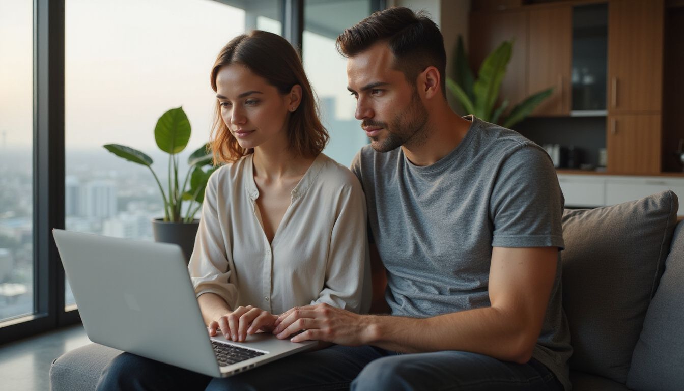 A young couple intensely analyses rental yields for Dubai real estate. A young couple intensely analyses rental yields for Dubai real estate.