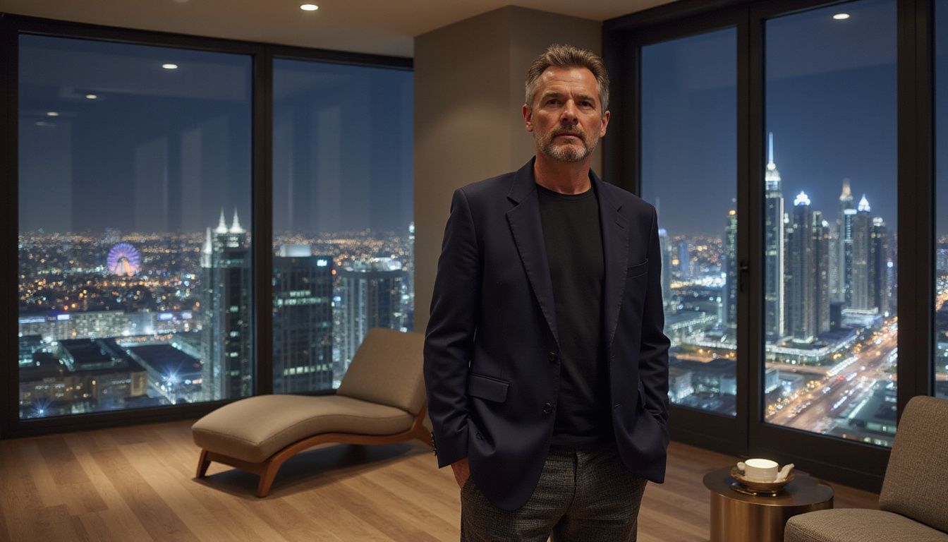 A pensive man assesses his modern Dubai apartment's sophisticated design. A pensive man assesses his modern Dubai apartment's sophisticated design.