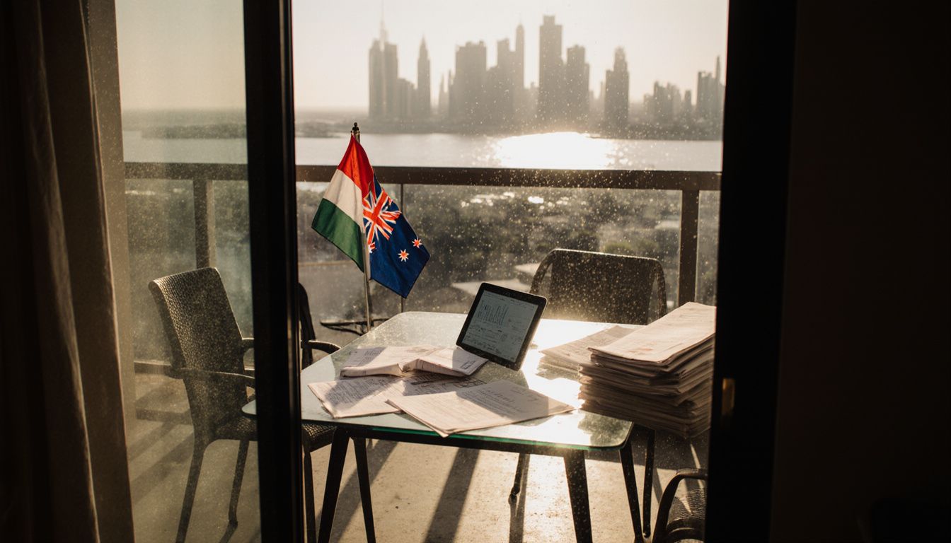 A cluttered balcony workspace with city views and scattered documents. A cluttered balcony workspace with city views and scattered documents.