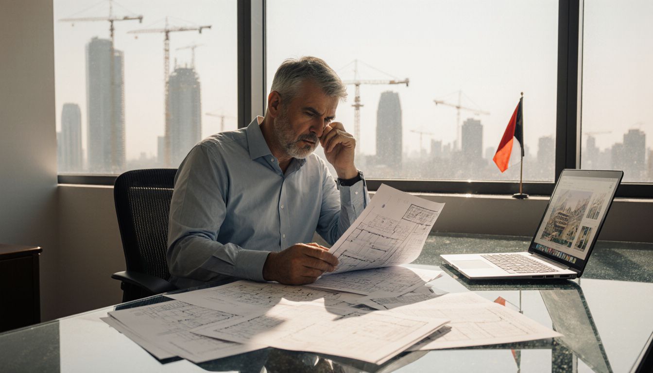 A man reviews property documents at a minimalistic office desk. A man reviews property documents at a minimalistic office desk.