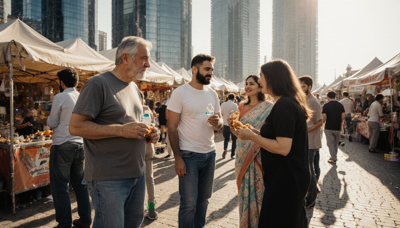 A casual group enjoys food stalls at Dubai Marina. A casual group enjoys food stalls at Dubai Marina.