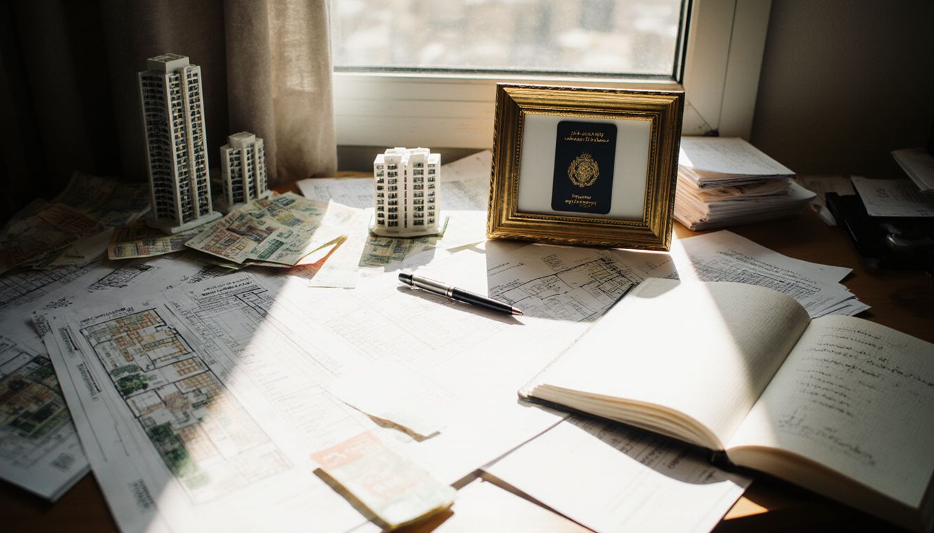 Cluttered desk filled with Dubai real estate documents and models. Cluttered desk filled with Dubai real estate documents and models.