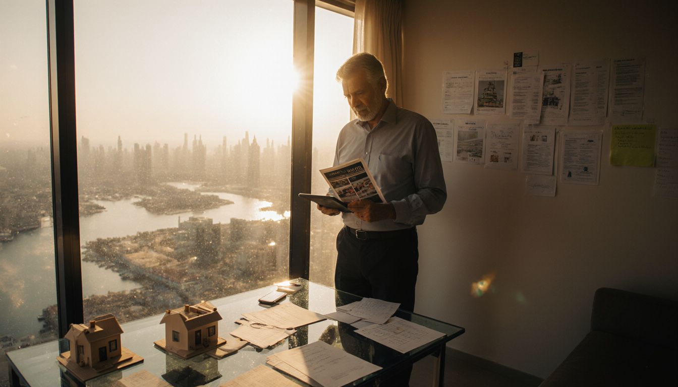 Man reviews real estate pamphlets by a window in Dubai. Man reviews real estate pamphlets by a window in Dubai.