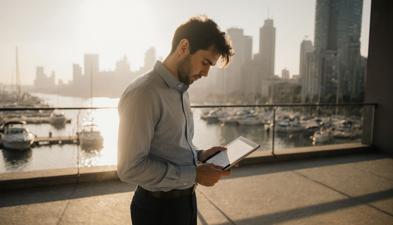 A man checks his tablet on a balcony overlooking a marina. A man checks his tablet on a balcony overlooking a marina.