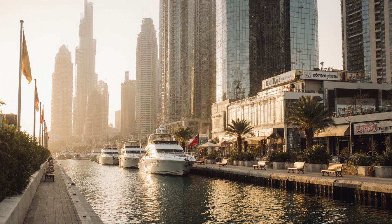 Dubai Marina features modern buildings, yachts, and empty waterfront benches. Dubai Marina features modern buildings, yachts, and empty waterfront benches.