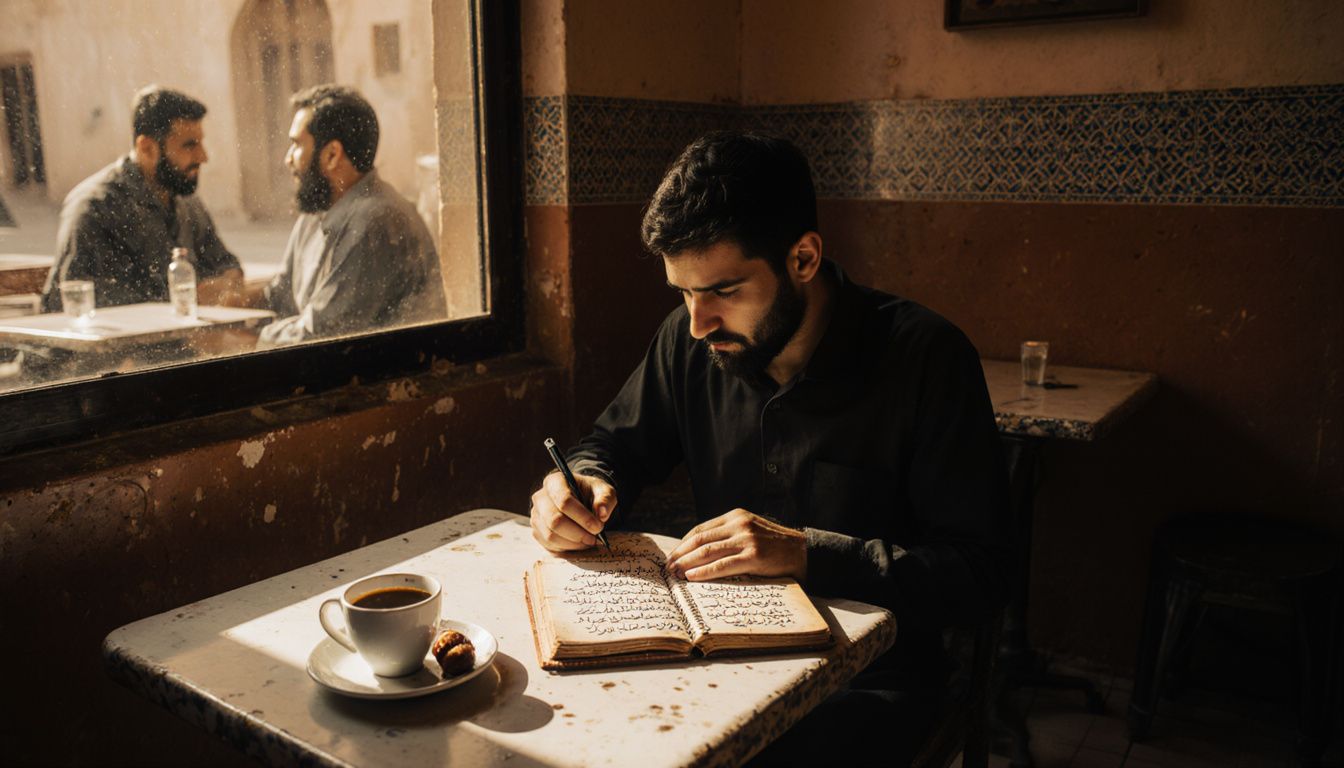 A man scribbles notes in a café, enjoying coffee and dates. A man scribbles notes in a café, enjoying coffee and dates.