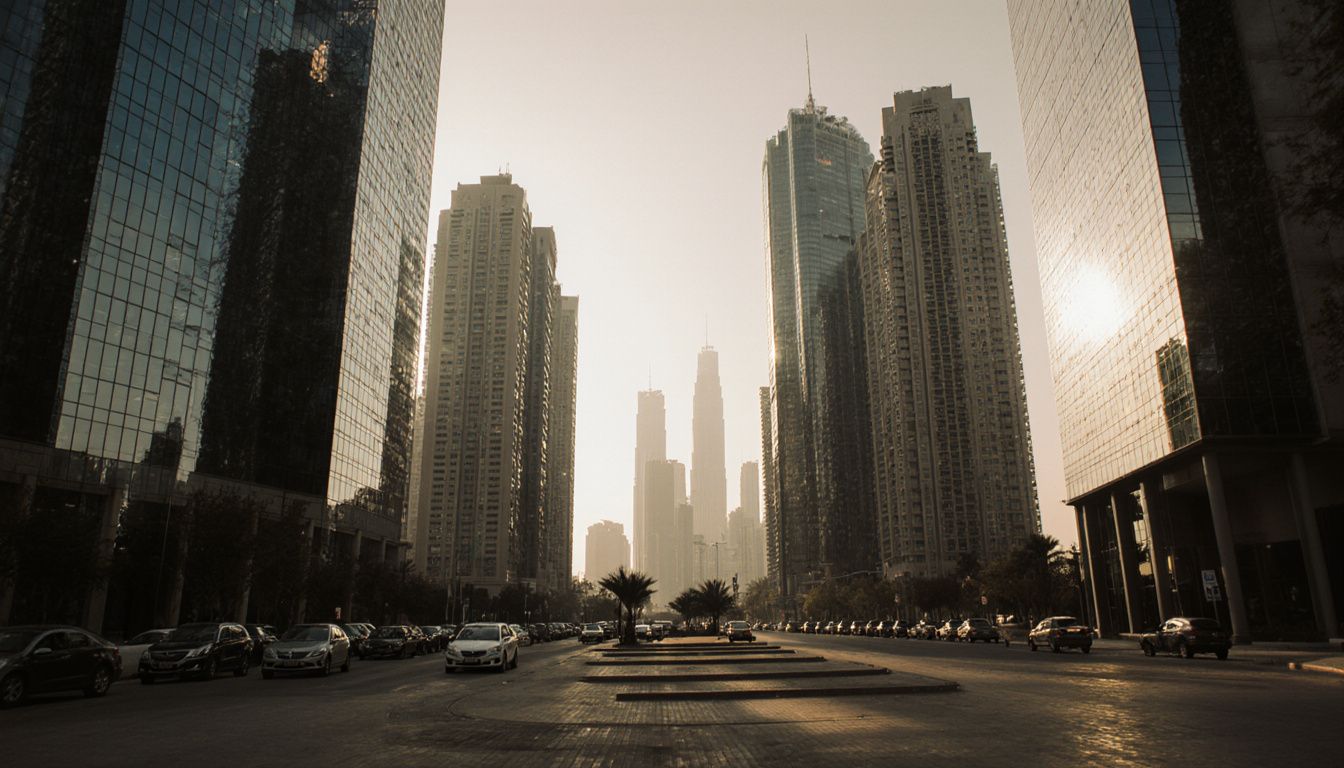 A casual afternoon in Business Bay, Dubai with empty streets and office towers. A casual afternoon in Business Bay, Dubai with empty streets and office towers.