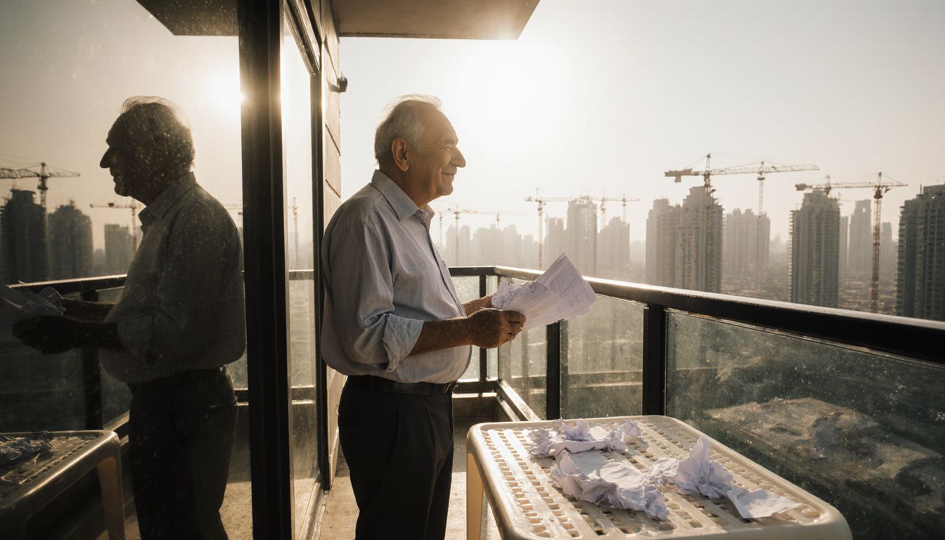 A middle-aged man reviews property papers against the Dubai skyline. A middle-aged man reviews property papers against the Dubai skyline.