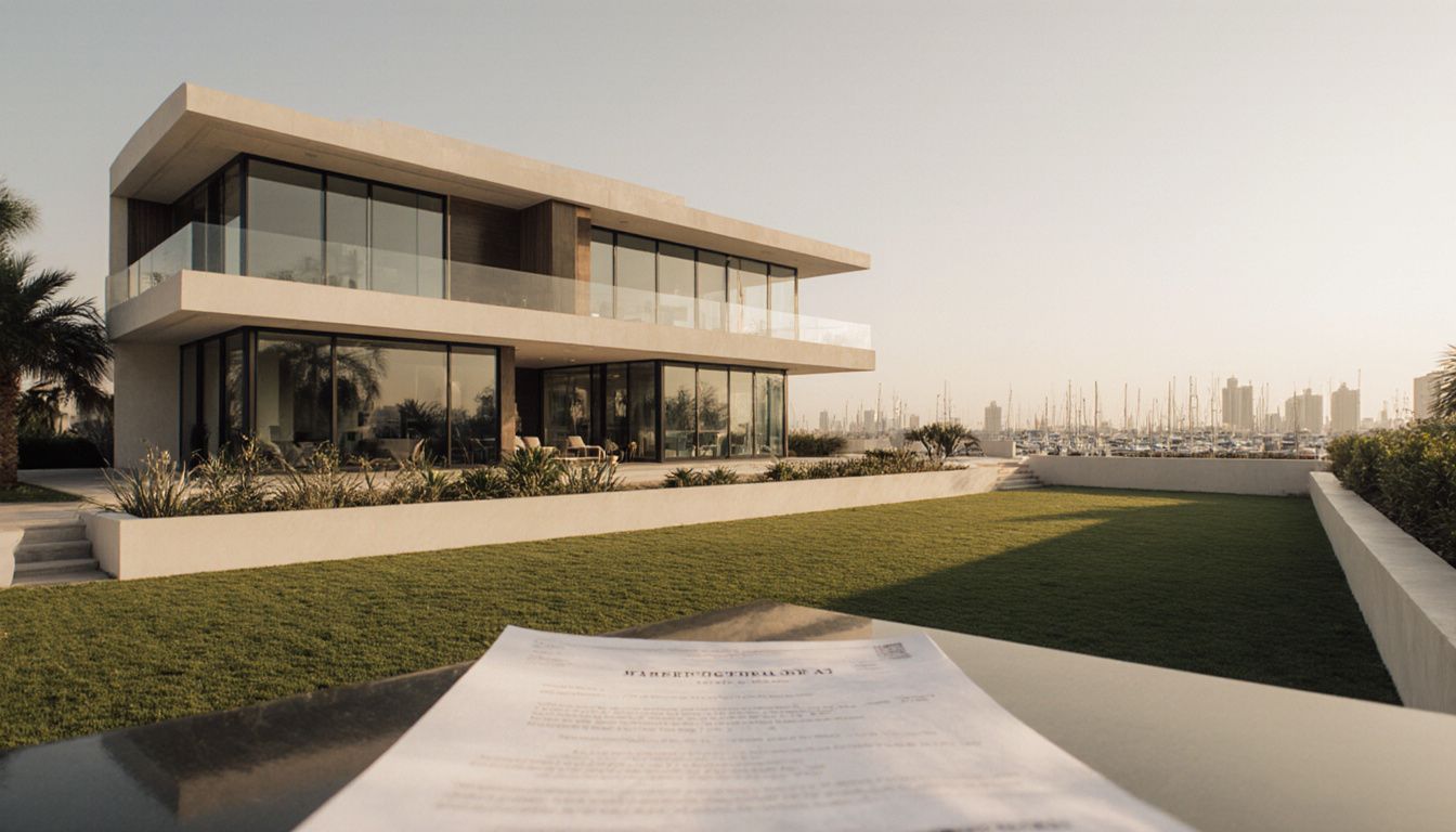 Modern house in Palm Jumeirah with garden and distant skyline view. Modern house in Palm Jumeirah with garden and distant skyline view.